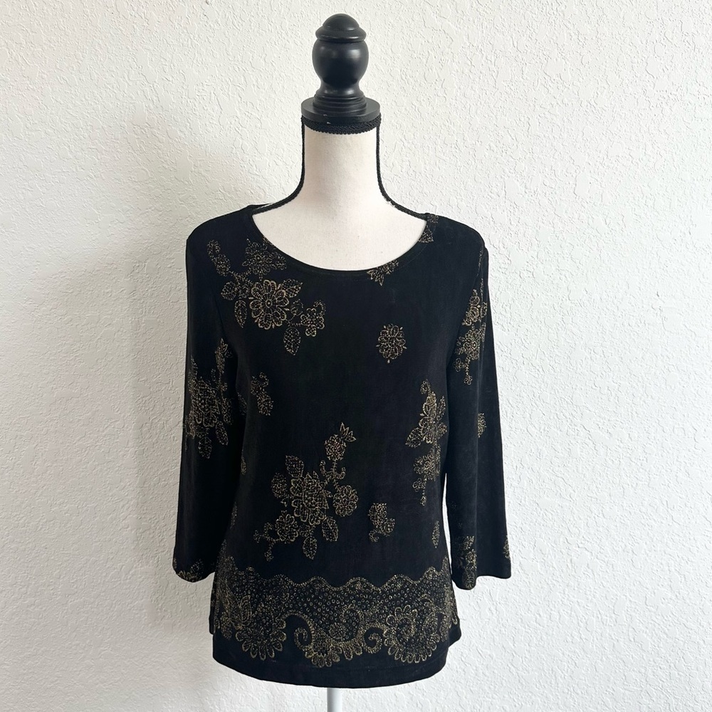 VINTAGE The Travel Collection Black Gold Floral Top 3/4 Sleeve Medium USA VTG